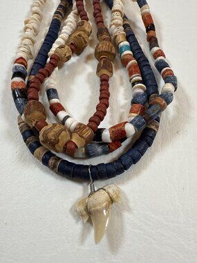 Vintage Beaded Shell & Wood Necklaces With Shark Tooth Pendant Lot of 4